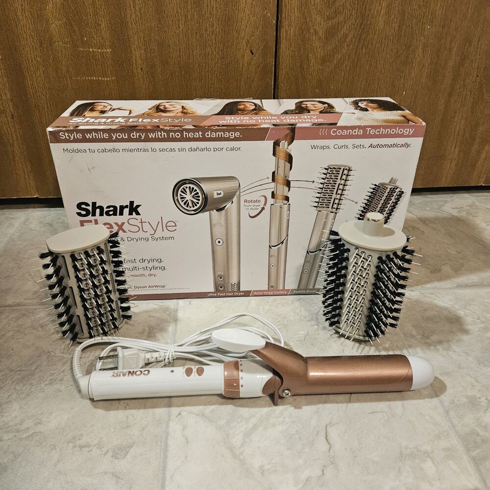 Shark FlexStyle Box & 2 Attachments ONLY + Bonus Conair 1.25" Curling Iron